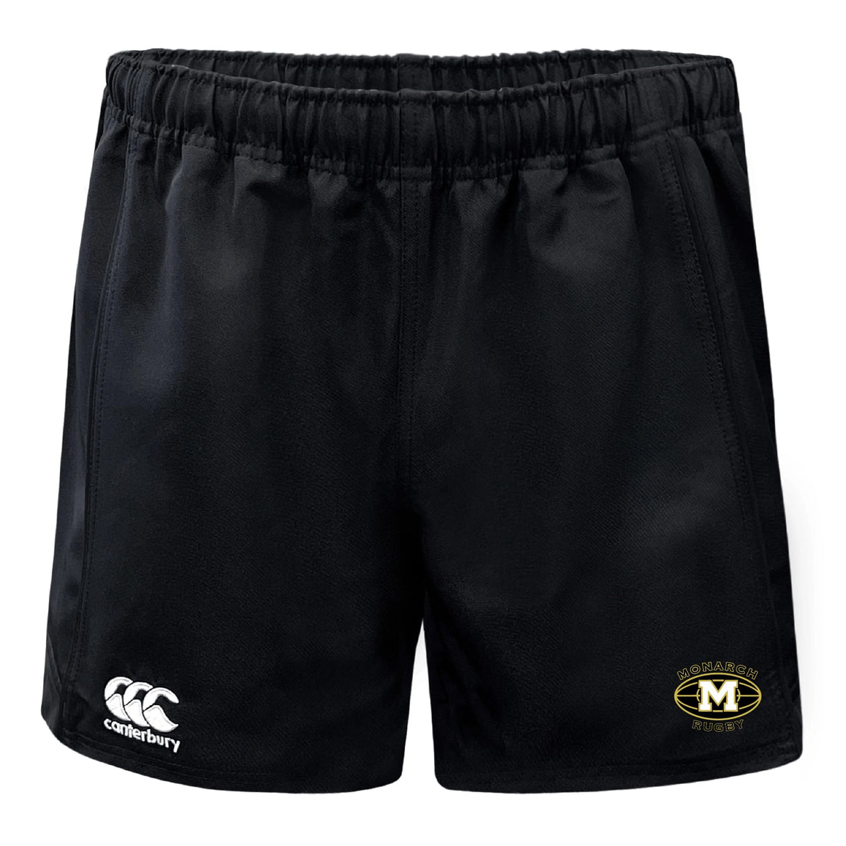 The Monarch Rugby Club Advantage Rugby Shorts by EMB Canterbury are black, feature an elastic waistband, the Canterbury logo on the left leg, and the Monash Rugby emblem on the right. Moisture-wicking for comfort and performance.