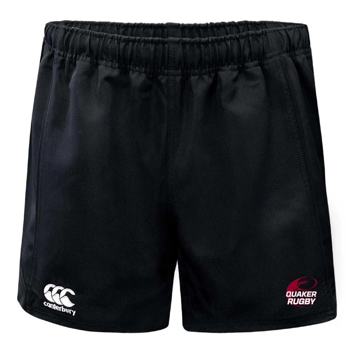 The Guilford College Advantage Rugby Shorts by EMB Canterbury are black, moisture-wicking shorts with an elastic waistband and feature white Canterbury and red Quaker Rugby logos on the front.