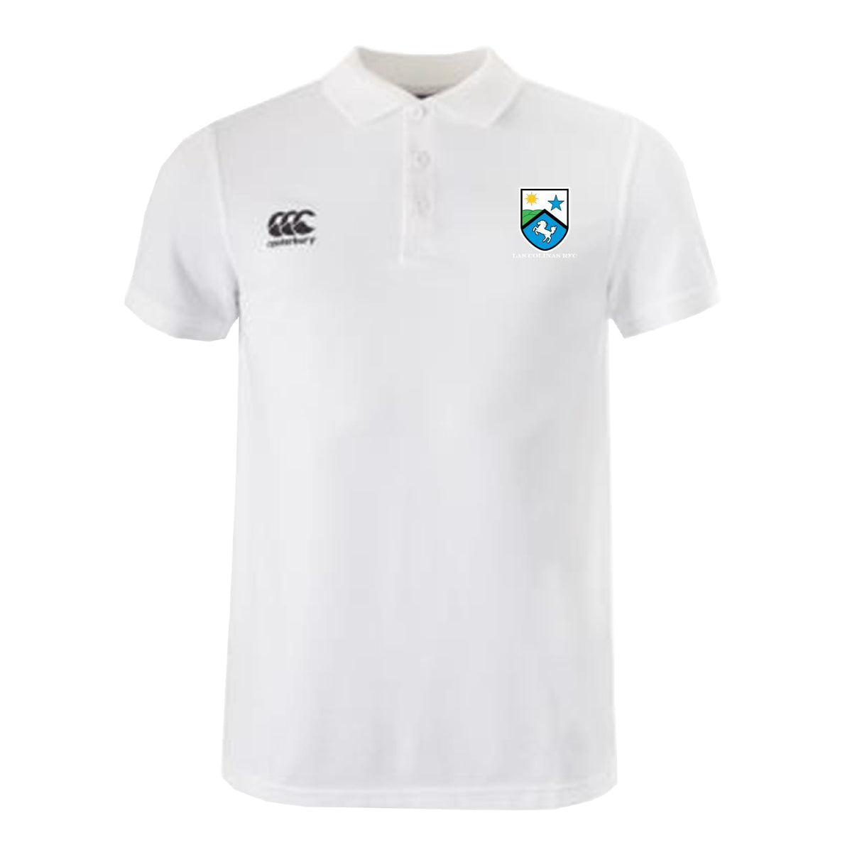 The Las Colinas Rugby Waimak Polo by EMB Canterbury is a classic white men's short-sleeve polo with a buttoned collar, black Canterbury logo on the right chest, and a blue-yellow crest on the left—timeless sportswear style.