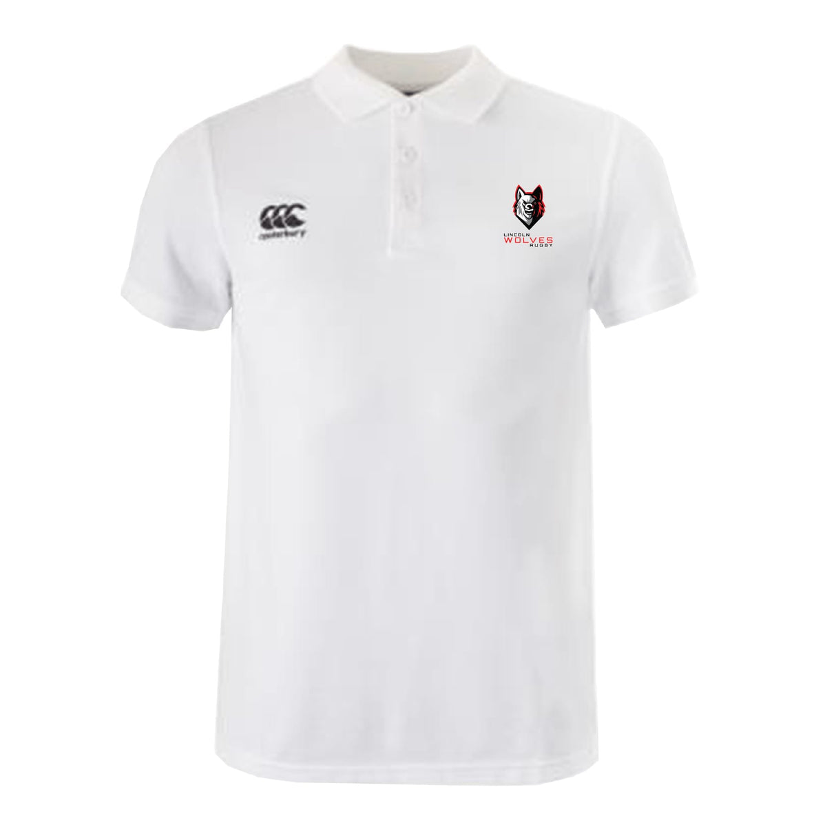 White Lincoln Wolves Waimak Polo by EMB Canterbury featuring a Canterbury logo on the right chest and a Lincoln Wolves logo with text on the left chest.