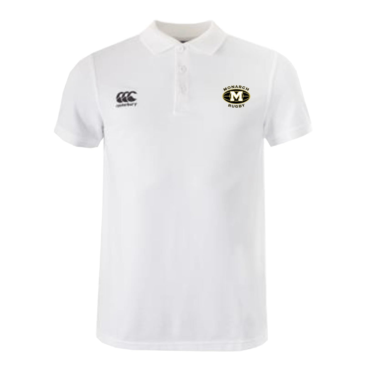 The Monarch Rugby Club Waimak Polo by Canterbury is a classic white men's polo featuring the EMB Canterbury logo on the right chest and a Monarch Rugby logo on the left chest, offering timeless style.