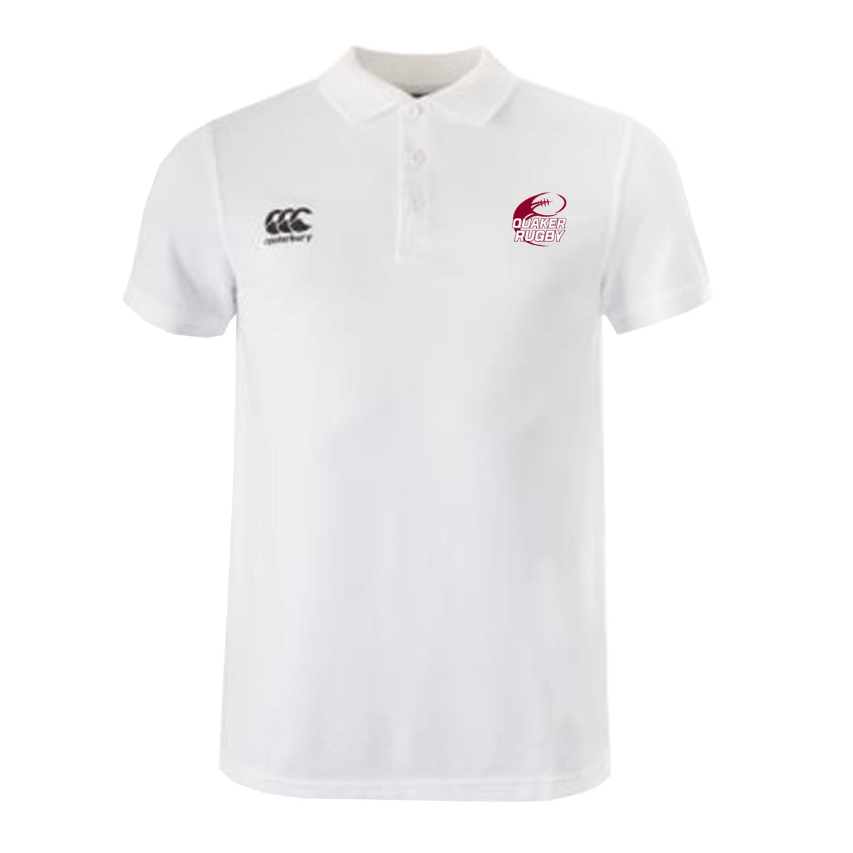 The Guilford College Waimak Polo by EMB Canterbury is a plain white rugby polo with short sleeves, a collar, and two chest logos—one on each side.