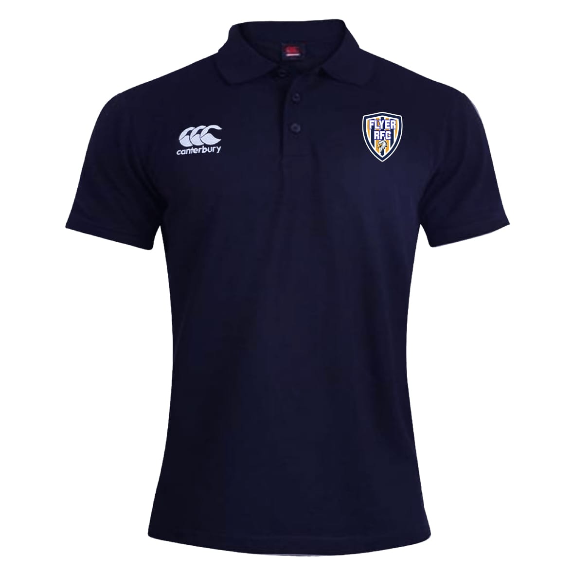 Navy blue Franklin County High School Rugby Waimak Polo by EMB Canterbury, short-sleeve with collar, featuring the Canterbury logo and "Flyer RFC" badge on the chest.