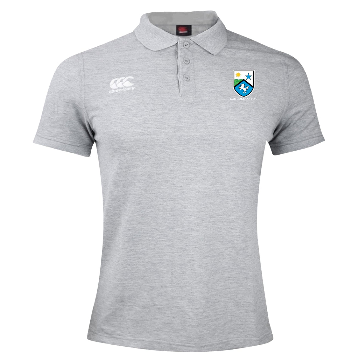 The Las Colinas Rugby Waimak Polo by EMB Canterbury features a light grey color, short sleeves, three-button collar, CCC logo on the right chest, and a blue/yellow crest on the left—ideal for fans of classic men's rugby style.