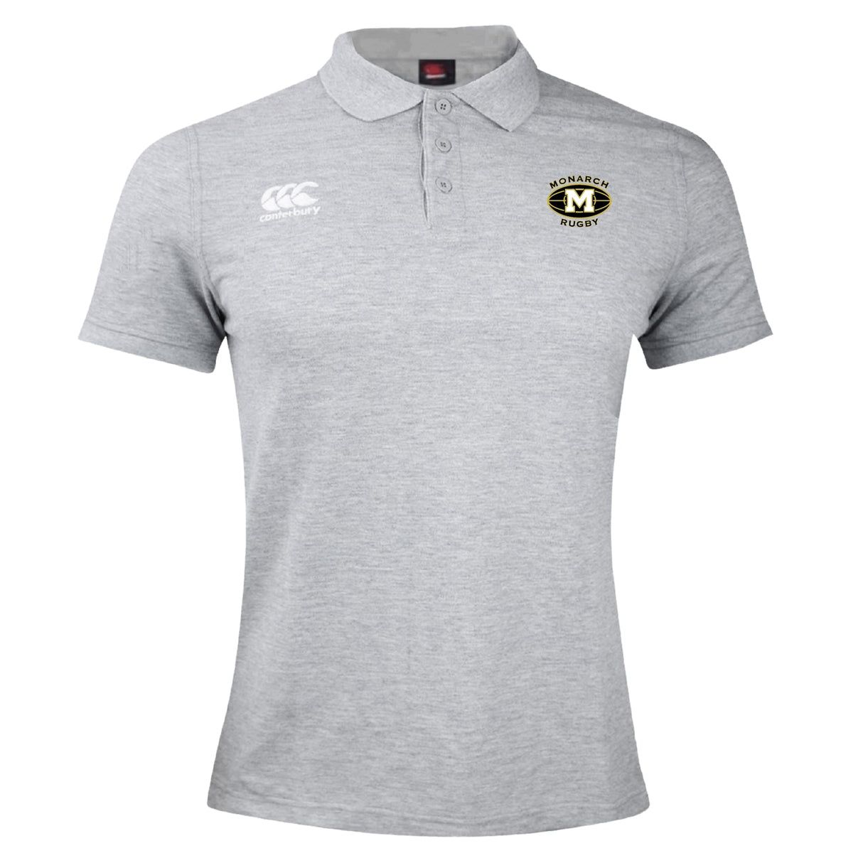 The Monarch Rugby Club Waimak Polo by EMB Canterbury is a light grey short-sleeve shirt featuring a "Monarch Rugby" logo on the left chest and a white Canterbury logo on the right.