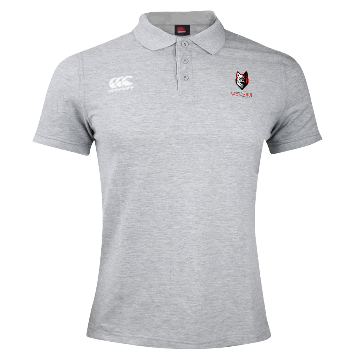 Light grey short-sleeve Lincoln Wolves Waimak Polo by EMB Canterbury, featuring a collar, Canterbury logo on the right chest, and red and black Worcester emblem on the left. Classic design offers everyday comfort.