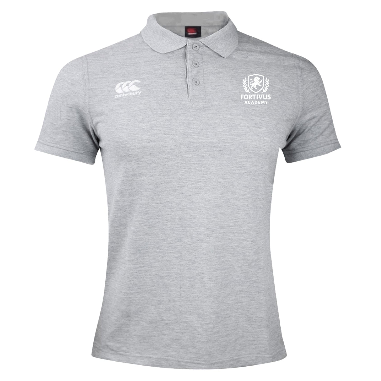 The Fortivus Academy Waimak Polo by EMB Canterbury is a light grey short-sleeve men’s rugby polo with a collar, featuring the CCC Waimak Rugby Polo logo on the right chest and the Fortivus Academy logo on the left.