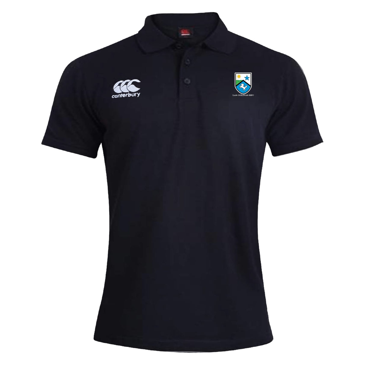 The Las Colinas Rugby Waimak Polo by EMB Canterbury is a black short-sleeve men's rugby polo with a collar, featuring the Canterbury logo on the right chest and a crest on the left chest—perfect for any rugby fan.