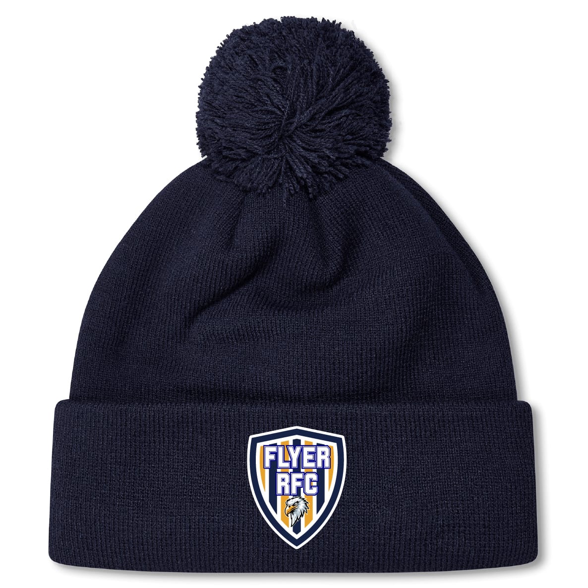 Stay warm in the EMB Canterbury Franklin County High School Rugby Pom Pom Beanie by Canterbury, featuring a navy blue knit, cozy fleece lining, and a "Flyer RFC" shield logo patch on the front cuff.