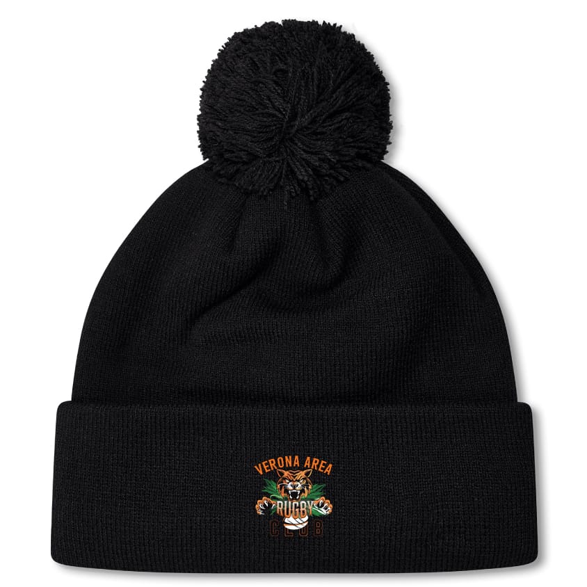 Black fleece-lined beanie with a pom-pom, featuring the "Verona Area Rugby Club" logo embroidered in orange, white, and green on the front cuff. Product: Verona Area Rugby Pom Pom Beanie by EMB Canterbury.