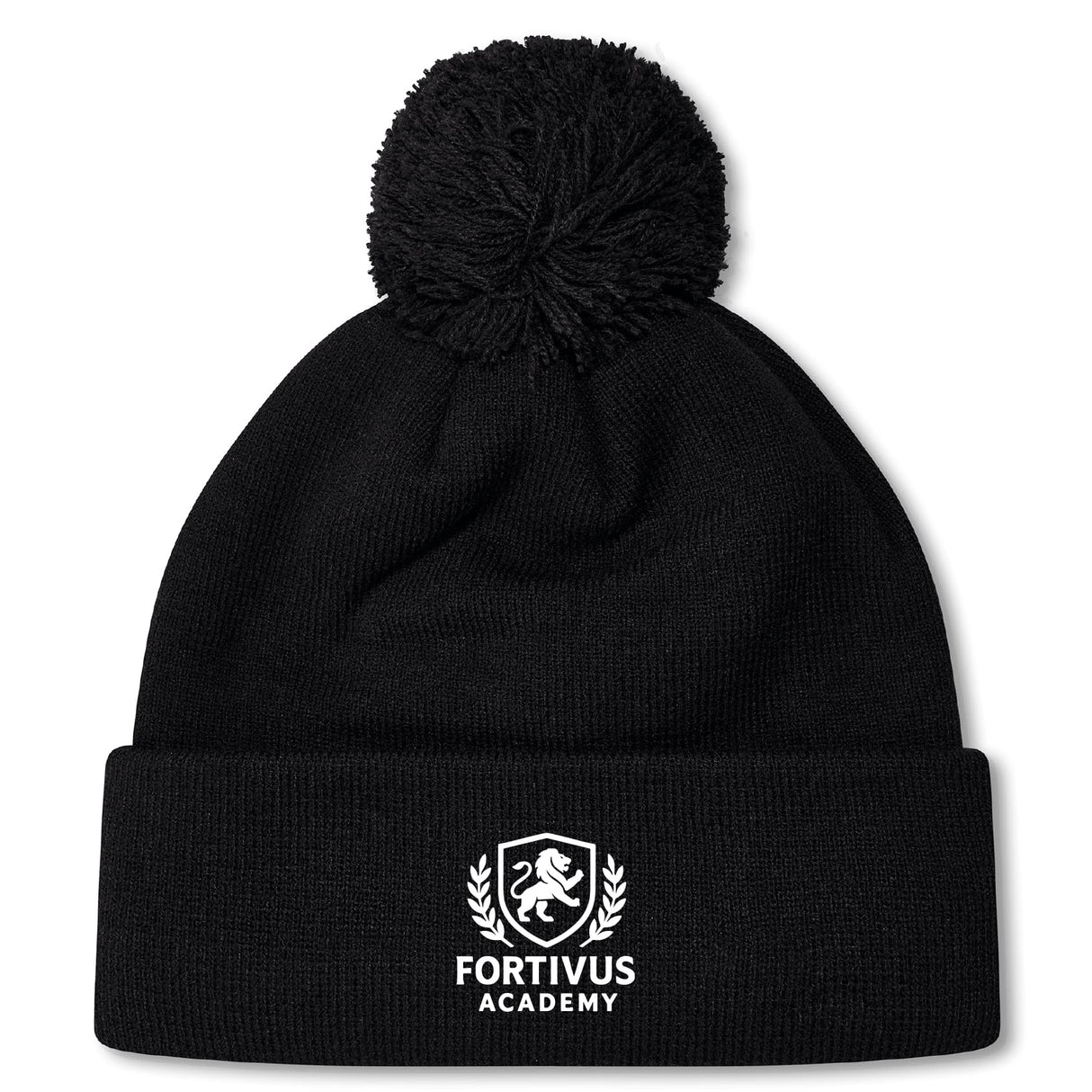 The Fortivus Academy Pom Pom Beanie by EMB Canterbury is a black knit beanie with a pom-pom and features the Fortivus Academy logo and text embroidered in white on the folded brim.