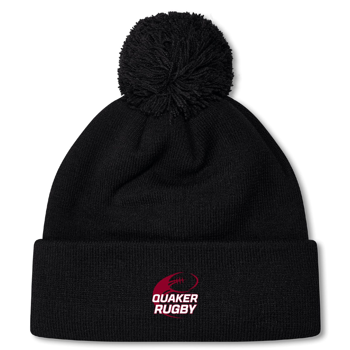 Stay warm in the Guilford College Pom Pom Beanie by EMB Canterbury, featuring a black knit design with fleeced lining, a top pom-pom, and "Quaker Rugby" logo in red and white on the front cuff.