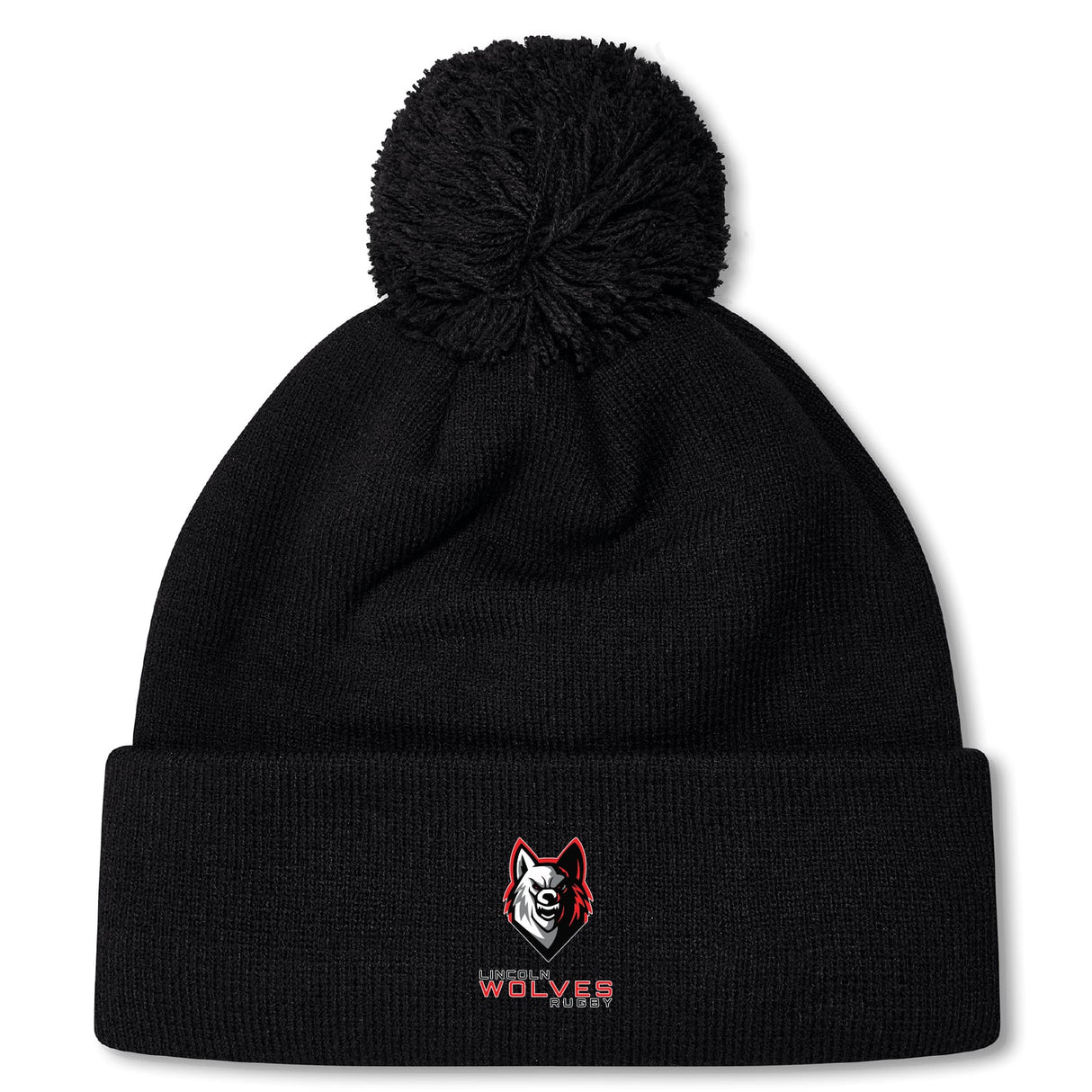Stay cozy and stylish with the Lincoln Wolves Pom Pom Beanie by Canterbury. This black EMB Canterbury knit features a pom-pom, embroidered wolf head logo, and "Wolves" text on the front cuff—perfect for chilly days.
