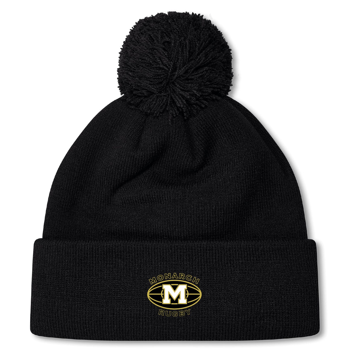 The Monarch Rugby Club Pom Pom Beanie by EMB Canterbury is a black, fleece-lined hat with a pom-pom and an embroidered gold "M" Monarch Rugby logo on the front cuff.