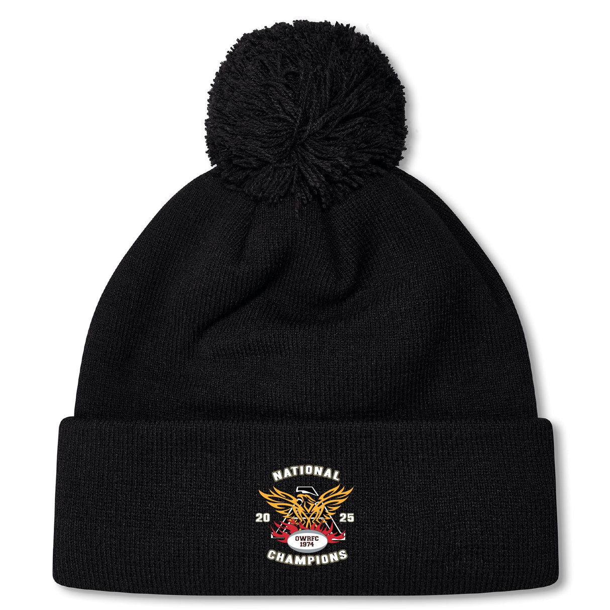 Stay warm in the Atlanta Old White Rugby Champs Pom Pom Beanie by EMB Canterbury, featuring a "National Champions 2025 OWU" logo, eagle design, cozy fleece lining, and classic pom-pom—perfect for rugby fans.