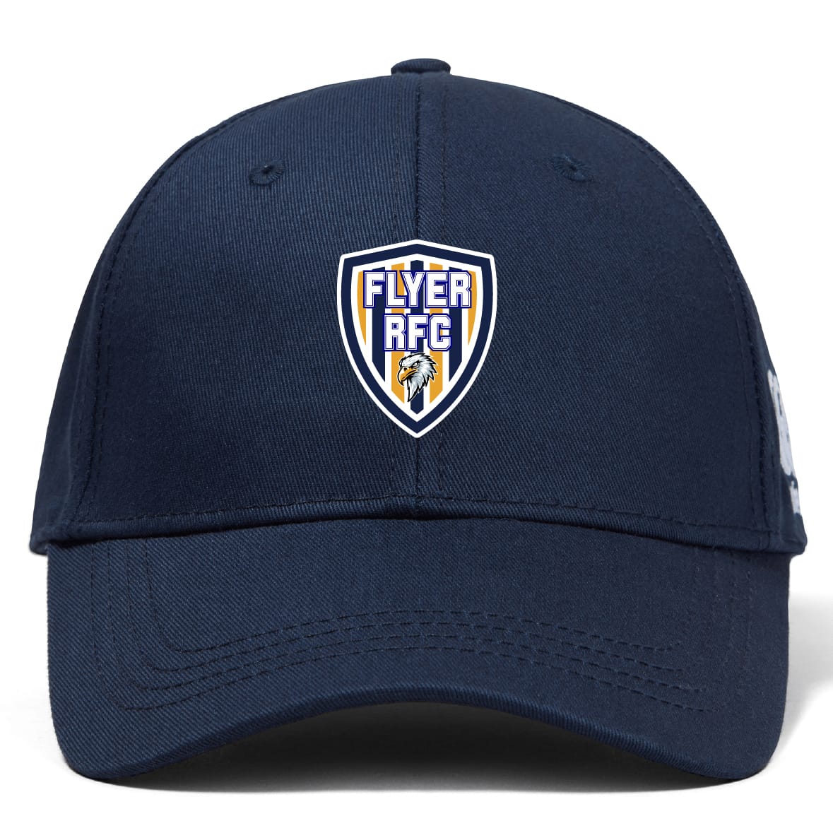 The Franklin County High School Rugby Flexfit Drill Cap by EMB Canterbury features a navy blue design with a "Flyer RFC" shield embroidered logo patch on the front center.