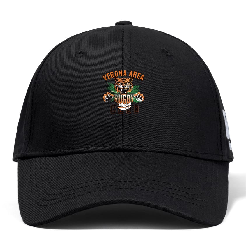 The Verona Area Rugby Flexfit Drill Cap by Canterbury, branded with EMB Canterbury, features a curved brim and "Verona Area Rugby Club" with a tiger logo embroidered on the front.