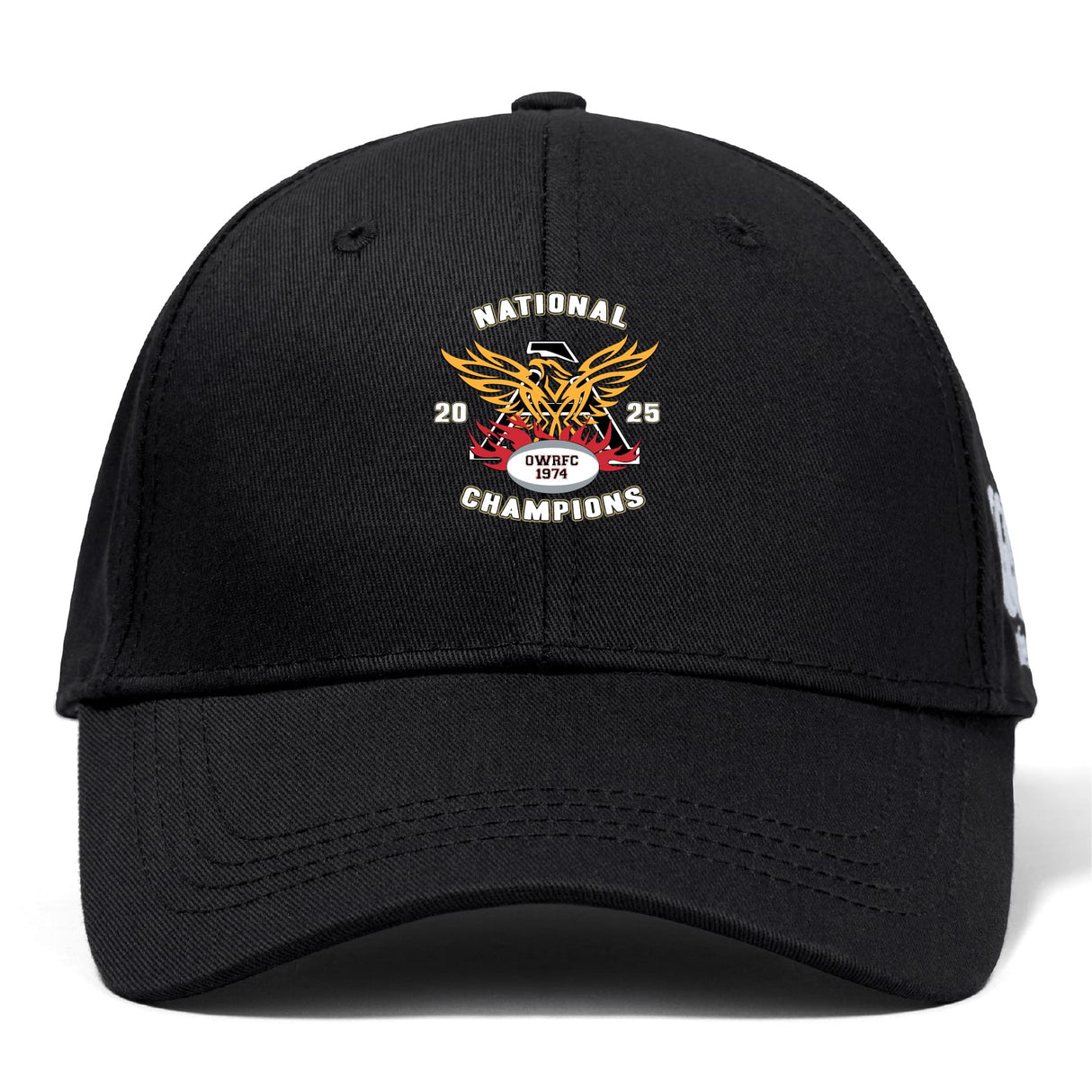 The Atlanta Old White Rugby Champs Flexfit Drill Cap by EMB Canterbury features a gold eagle emblem, red ribbon, CCC logo, and “National Champions 2025”/“Owls WC” text.
