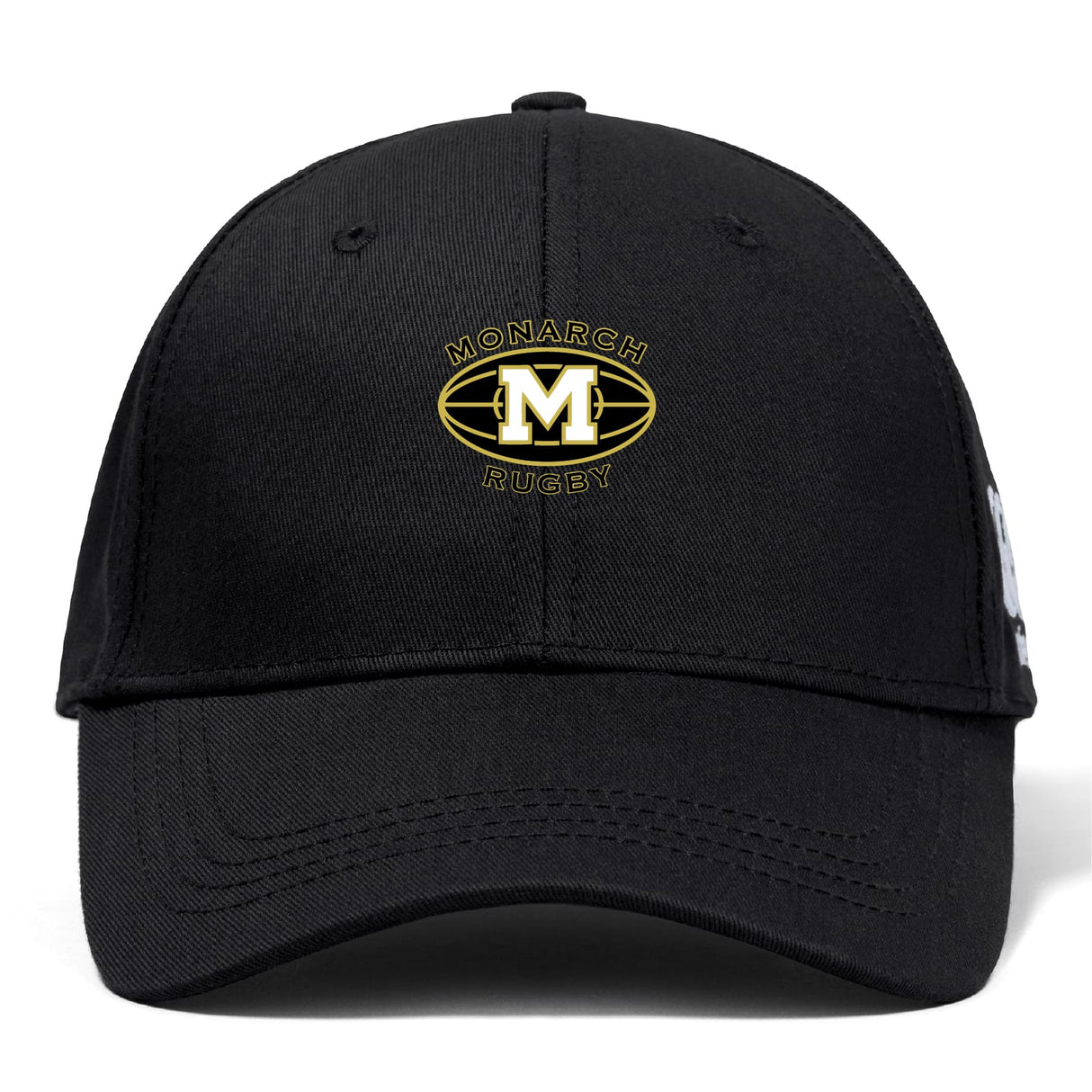 The Monarch Rugby Club Flexfit Drill Cap by EMB Canterbury features a gold and white "Monarch Rugby" embroidered logo with a large "M" inside a rugby ball shape on the front.