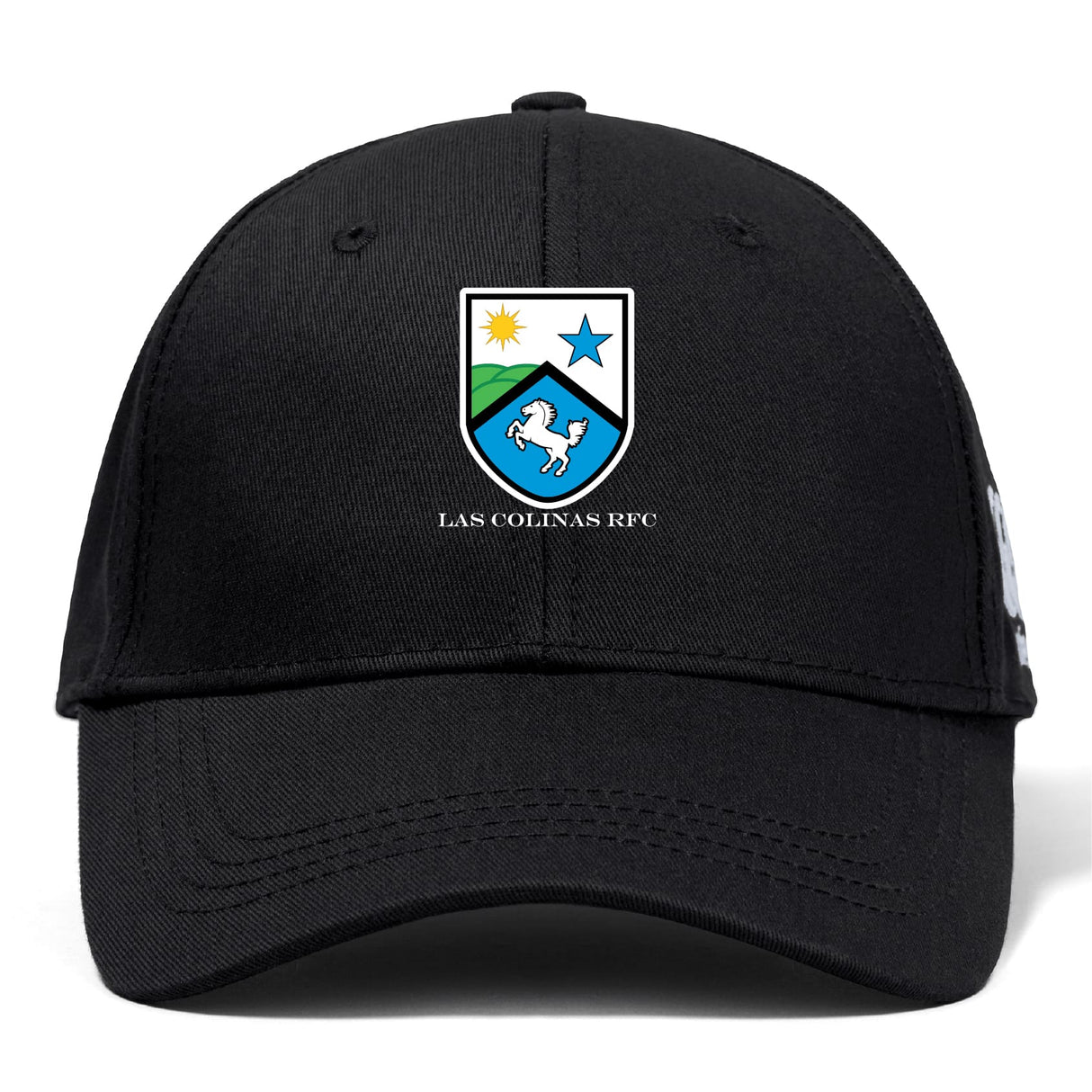 The Las Colinas Rugby Flexfit Drill Cap by EMB Canterbury features an embroidered crest with a horse, sun, and star above the text on the front panel.