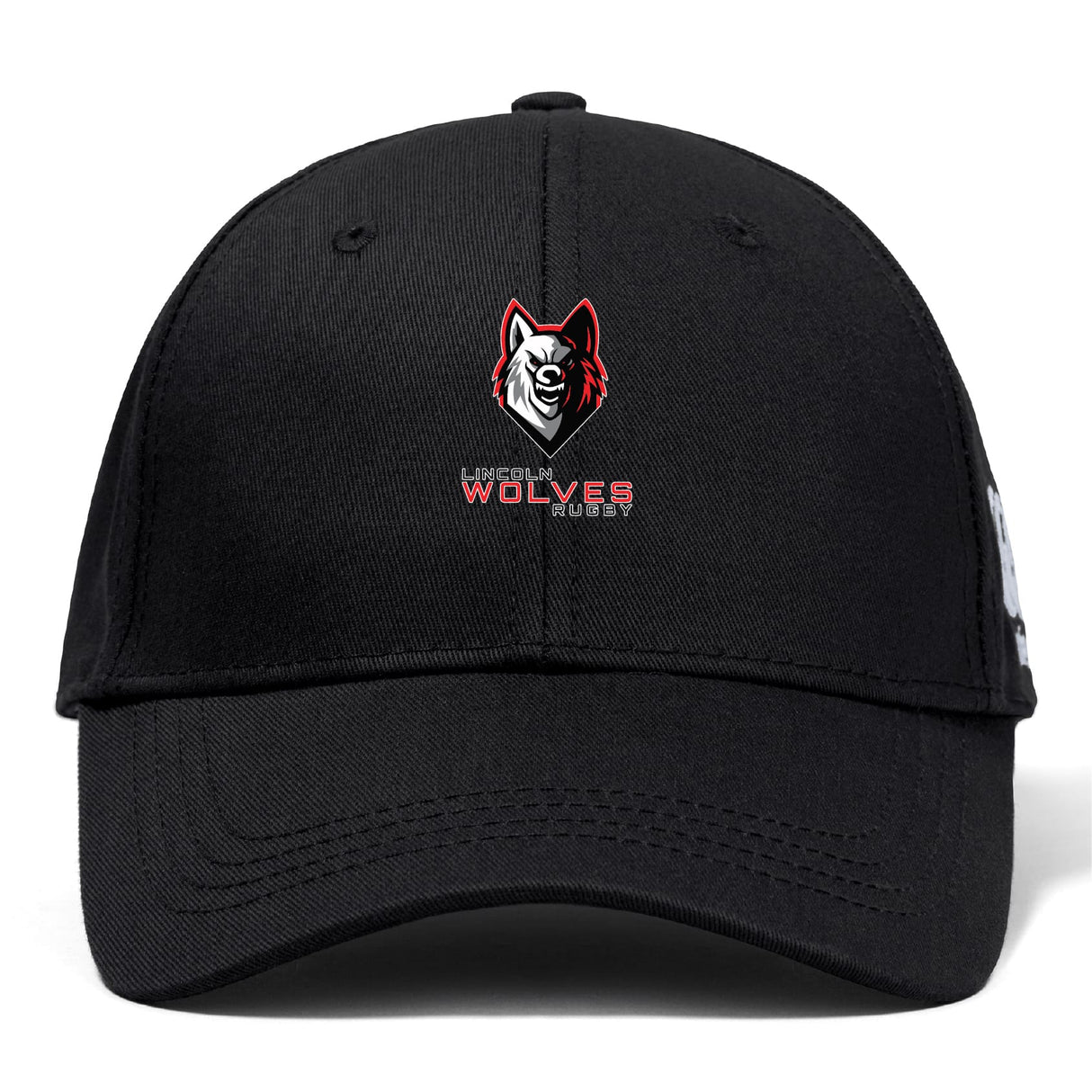 The Lincoln Wolves Flexfit Drill Cap by EMB Canterbury features a stylized wolf head and "Wolves Rugby" embroidered on the front, delivering sporty style and comfort.