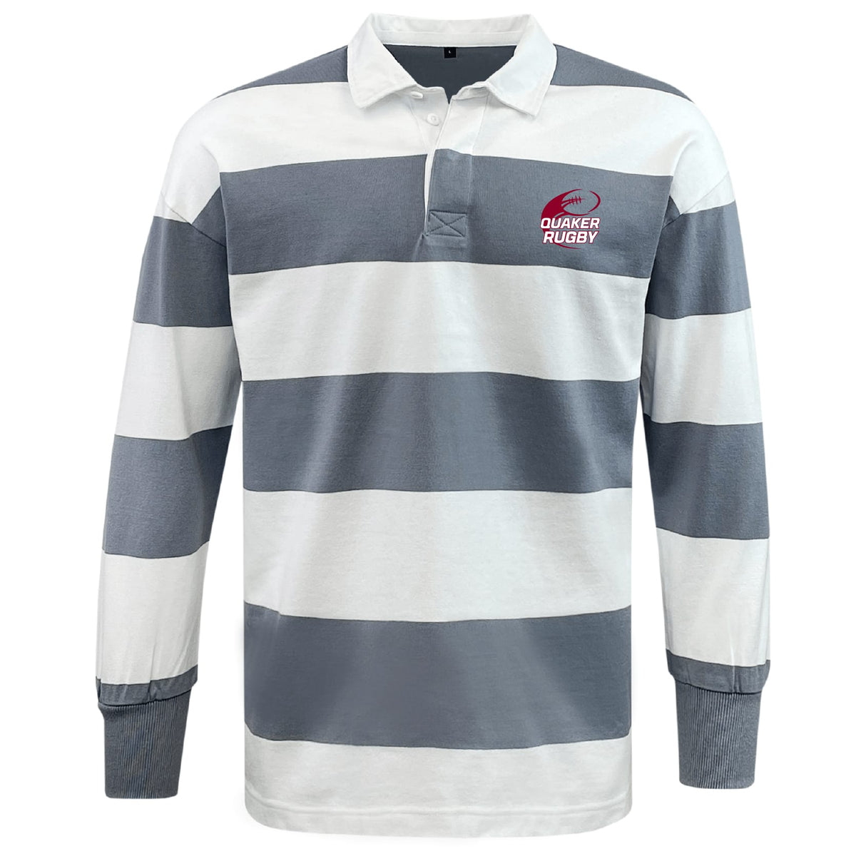 Show off vintage athletic style in the EMB Mudoo Guilford College Classic Long Sleeve Hooped Rugby Jersey, featuring bold white and gray hoops, a crisp white collar, and the "Quaker Rugby" logo on the left chest.
