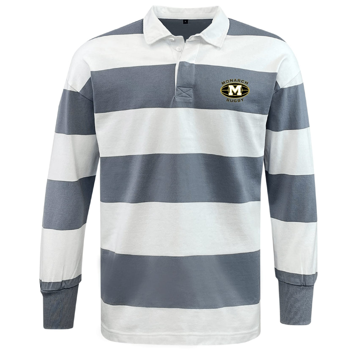 The EMB Mudoo Monarch Rugby Club Classic Long Sleeve Hooped Rugby Jersey features wide white and gray stripes, a collar, and a "Monarch Rugby" logo on the left chest—a timeless vintage-inspired rugby shirt.