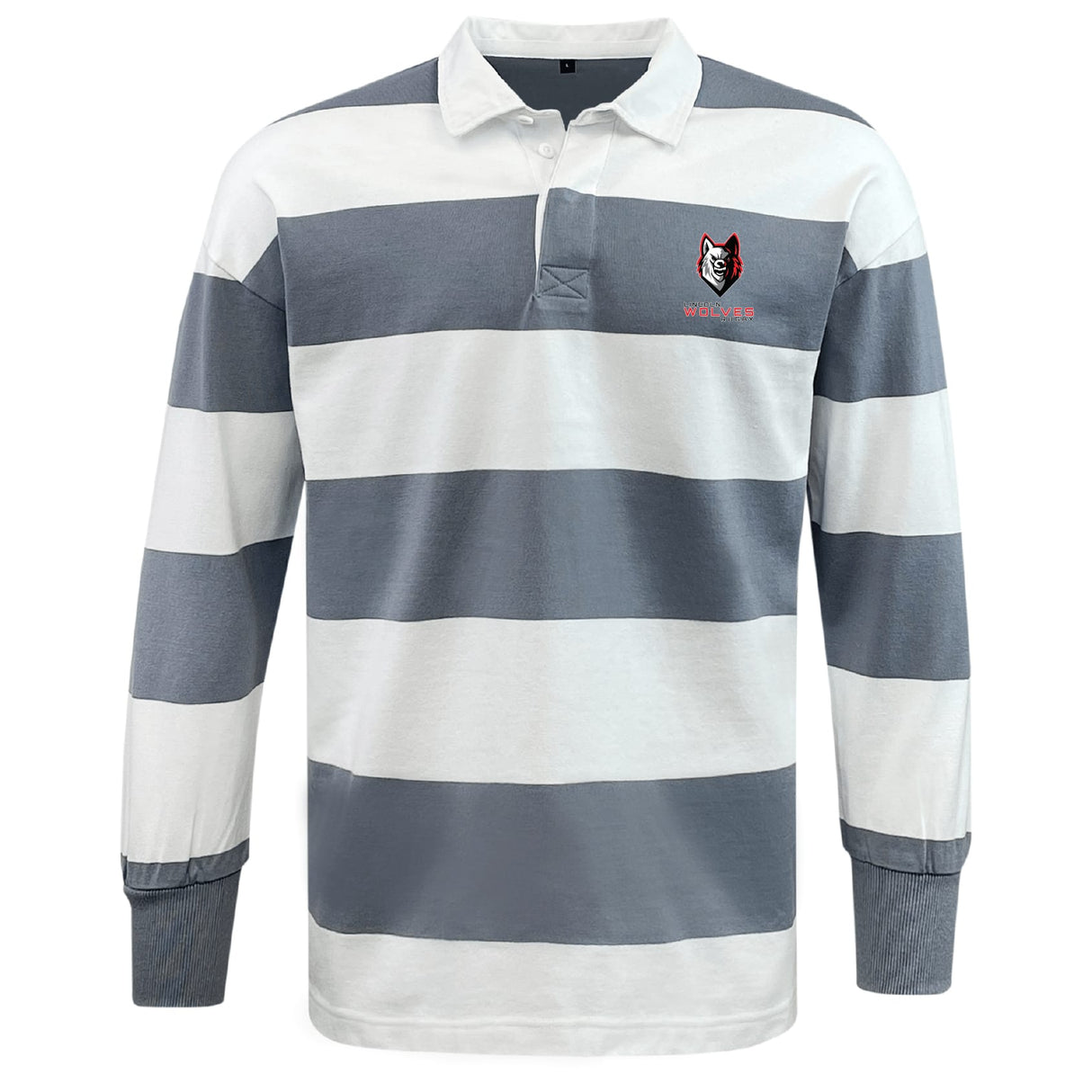 The EMB Mudoo Lincoln Wolves Classic Long Sleeve Hooped Rugby Jersey features thick gray and white stripes, a classic collar, and an embroidered wolf mascot logo on the left chest.