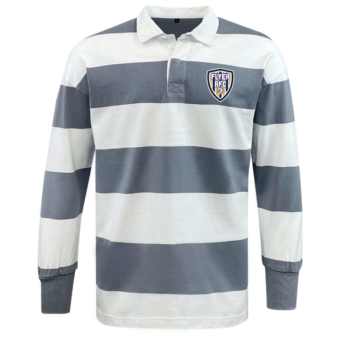 The EMB Mudoo Franklin County High School Rugby Classic Long Sleeve Hooped Rugby Jersey features wide white and gray stripes, a classic collar, and a "Flyer RFC" crest for timeless sporty style.
