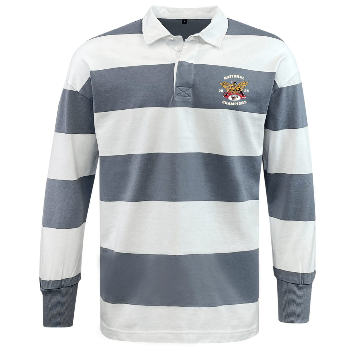 The EMB Mudoo Atlanta Old White Rugby Champs Classic Long Sleeve Hooped Rugby Jersey features broad gray and white stripes, a collar, and a "National Champions" patch on the left chest for authentic retro style.
