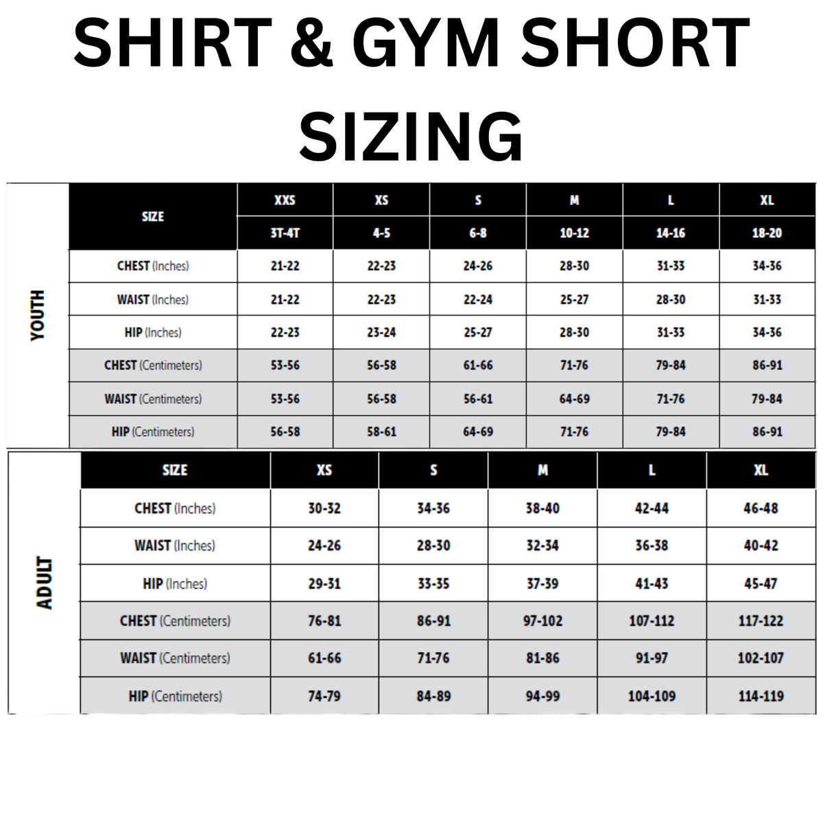 OMBAC Youth Rugby U8/U10 Junior Training Bundle by Bundle: Sizing chart for shirts and gym shorts covers chest, waist, and hip measurements (inches/cm) for youth sizes XXS to XL.