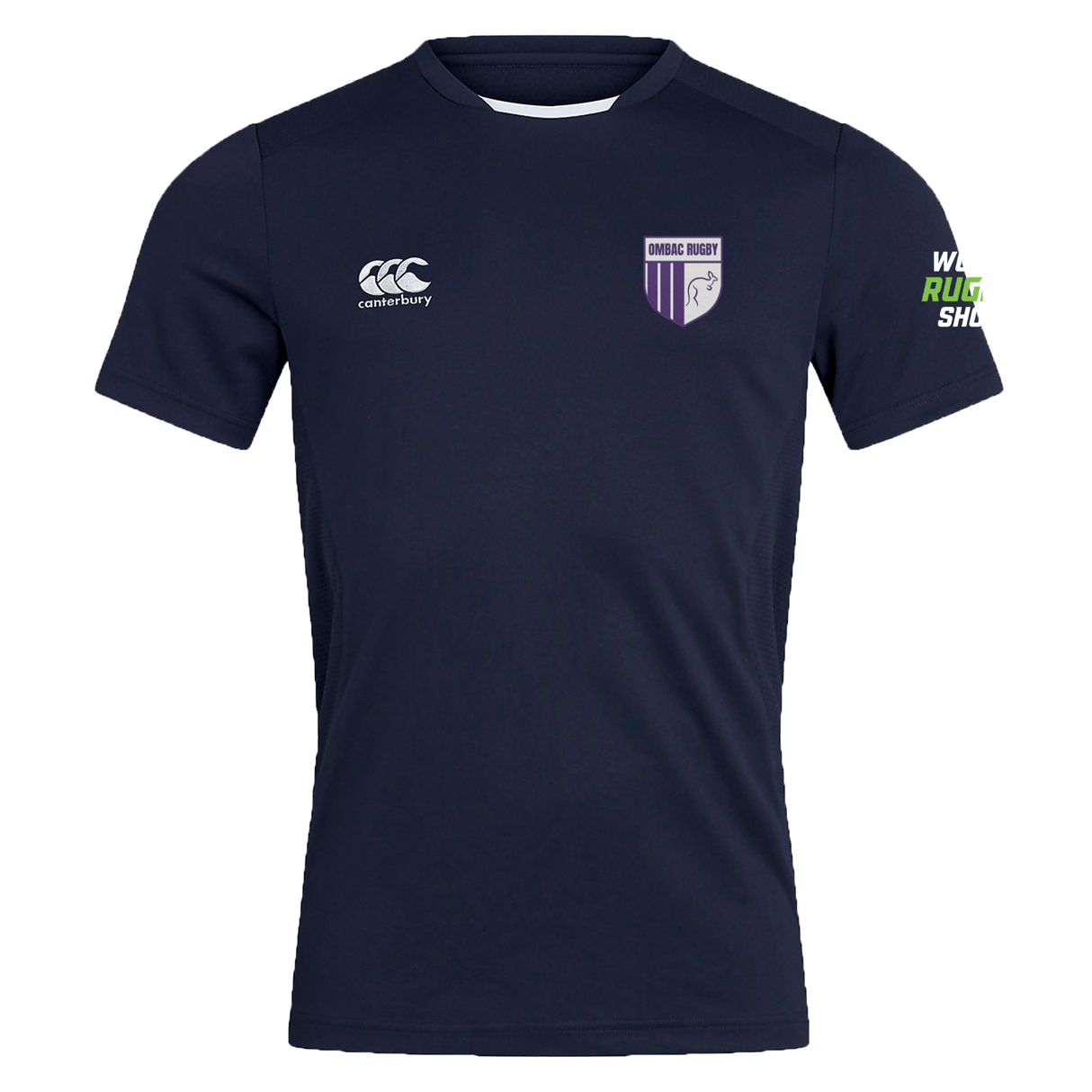The OMBAC Rugby Club Dry Tee by EMB Canterbury features the "Canterbury" logo, a horse crest, and "WALES RUGBY SHOP" on the sleeve. With Vapodri Technology for quick drying and breathability, it's perfect for staying comfortable during intense matches.