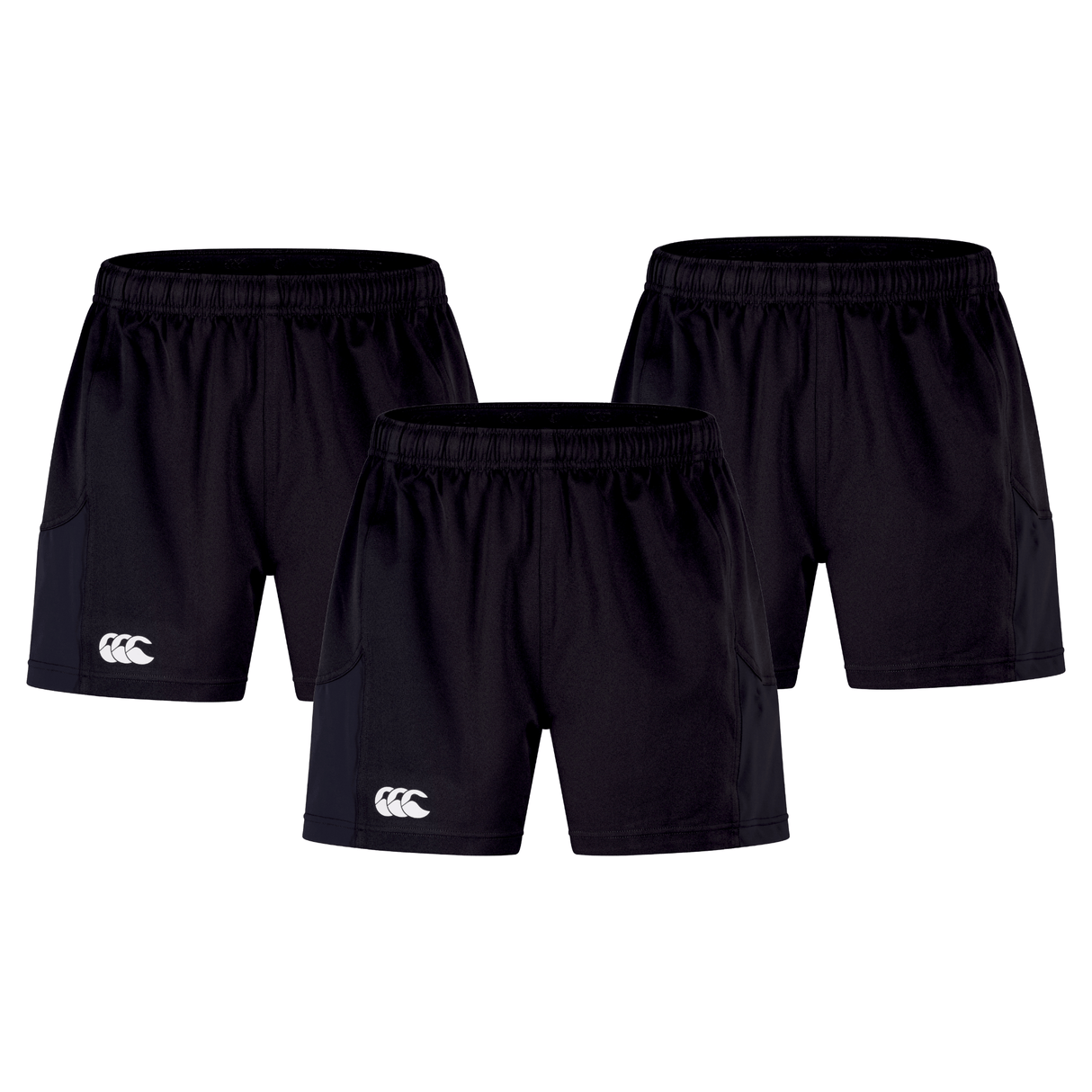A 3-pack of Canterbury Advantage 2.0 shorts, in black with white logo on the left leg, featuring elastic waistbands and crafted from recycled materials for an eco-friendly touch.
