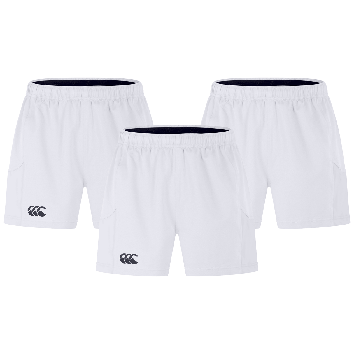 Three pairs from the Bundle Canterbury 3-Pack Canterbury Advantage 2.0 Shorts with a black logo on the left leg, arranged in a triangular formation, crafted using recycled content for eco-friendly style.