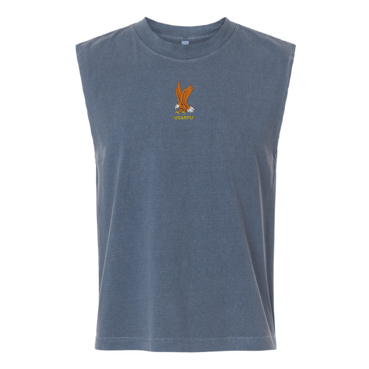 Show your USA Rugby pride with the EMB S&S Activewear Heritage Unisex Heavyweight Cotton Mid-Length Muscle Tee, featuring a blue sleeveless design and an embroidered eagle with "USARFU" text on the front center chest.