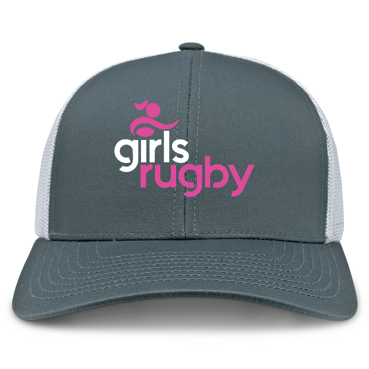 The Girls Rugby Retro Trucker Cap by EMB S&S Activewear features gray and white panels, "girls rugby" in white and pink, a pink rugby player graphic on front, and an adjustable snapback closure for a comfortable fit.