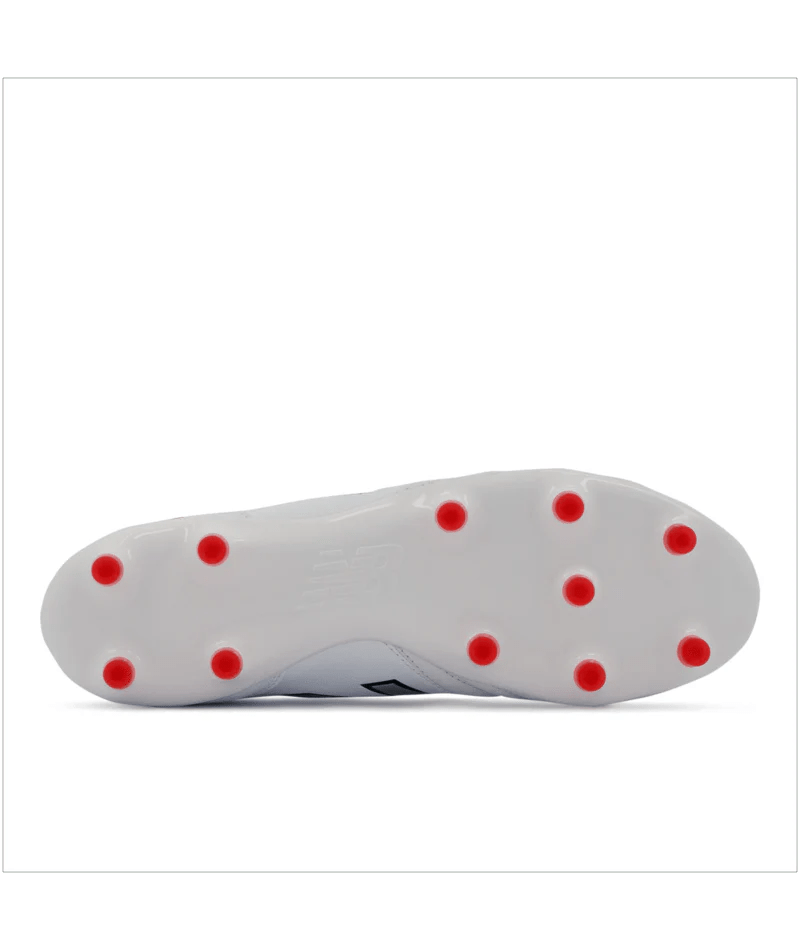 The image displays the sole of the New Balance Wide 442 V2 Pro Synthetic FG - White/Silver rugby cleat, featuring eight evenly spaced red studs across the bottom.