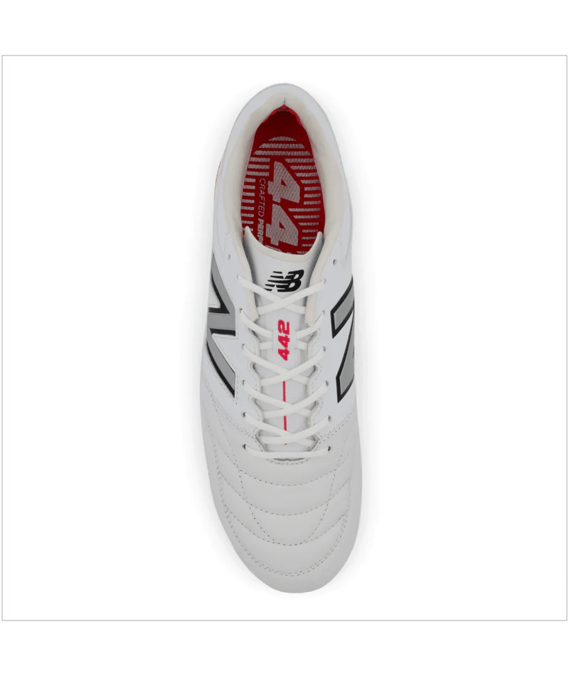 Top-down view of a white New Balance 442 V2 Pro Synthetic FG Boot - White/Silver.