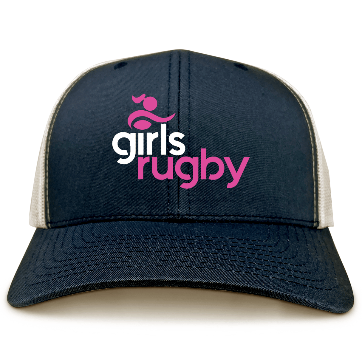 The Girls Rugby Retro Trucker Cap by EMB S&S Activewear features a navy and white design with “girls rugby” and a pink and white athlete logo embroidered on the front, plus a classic snapback closure.