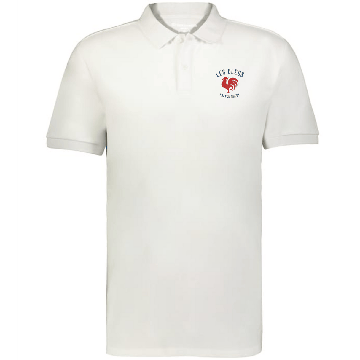The EMB Augusta Nations of Rugby Les Bleus Vintage Polo is a white short-sleeved shirt with the "Les Bleus France Rugby" logo and rooster emblem on the left chest, inspired by classic vintage rugby shirt style.
