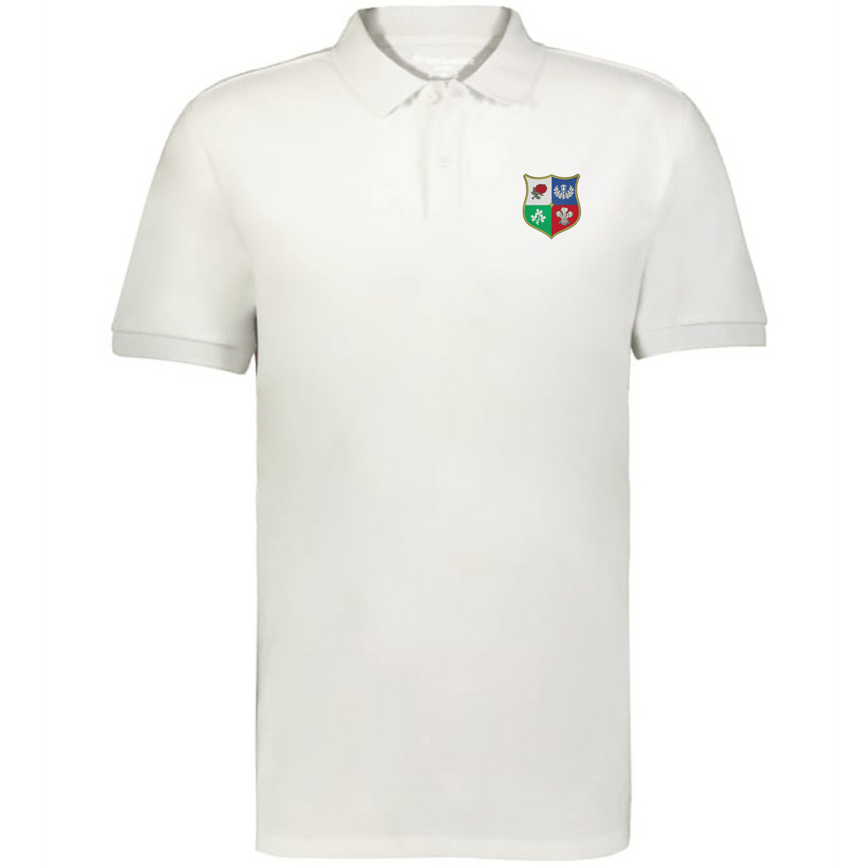 The EMB Augusta Nations of Rugby British & Irish Lions Vintage Polo features a plain white design with a small, multicolored crest logo on the left chest—ideal for classic rugby fans.