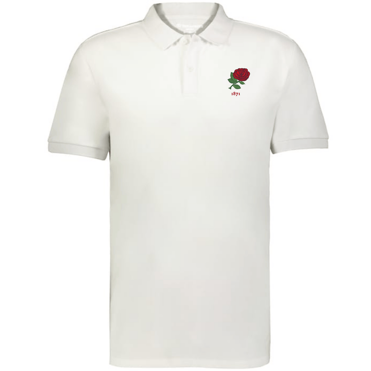 The EMB Augusta Nations of Rugby England Vintage Polo is a white short-sleeve cotton polo with a small red rose and "1971" embroidered on the left chest, inspired by classic England rugby style.