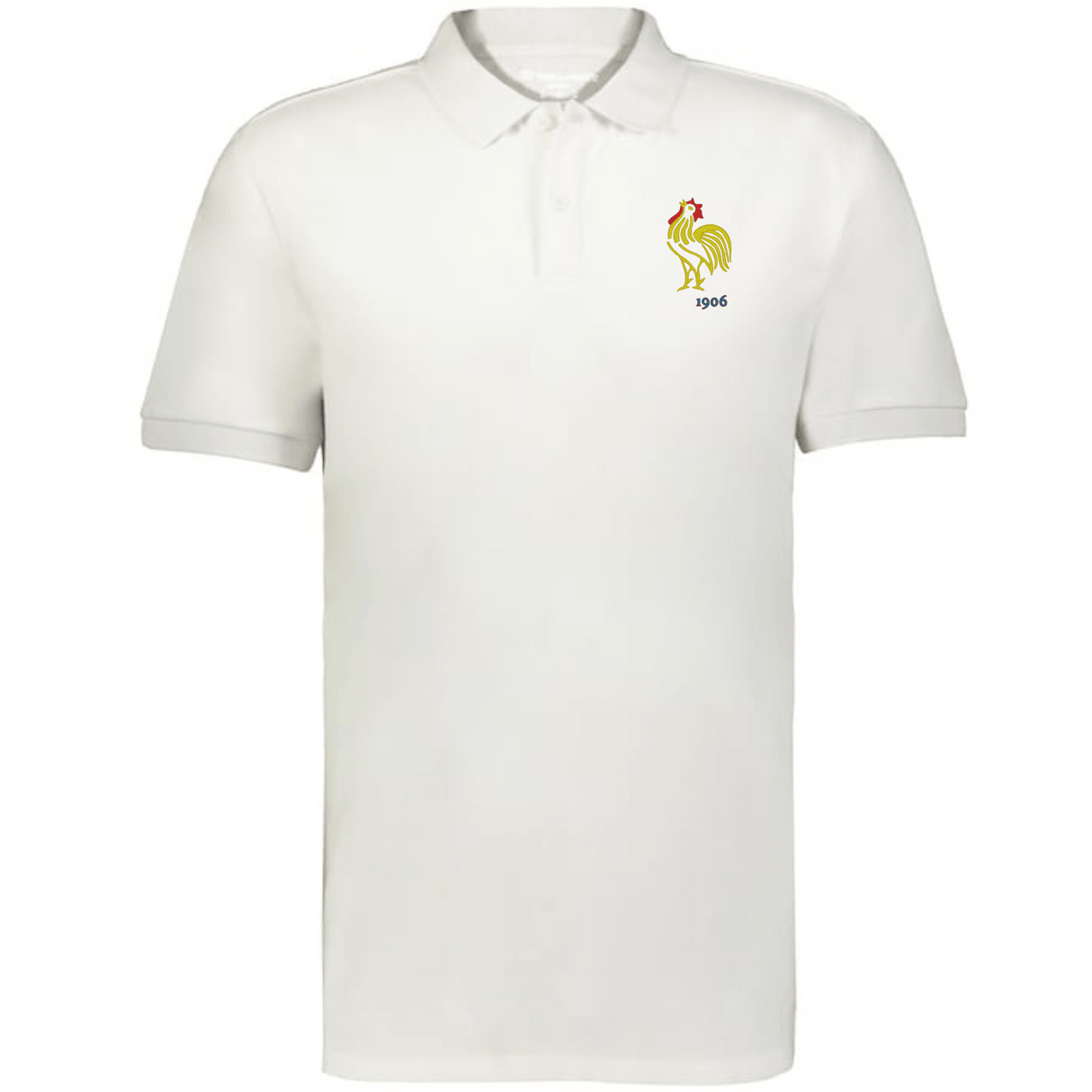 The EMB Augusta Nations of Rugby France Vintage Polo is a classic white cotton rugby shirt, featuring a small yellow rooster with a red star and "1906" on the left chest—a subtle tribute to vintage rugby style.