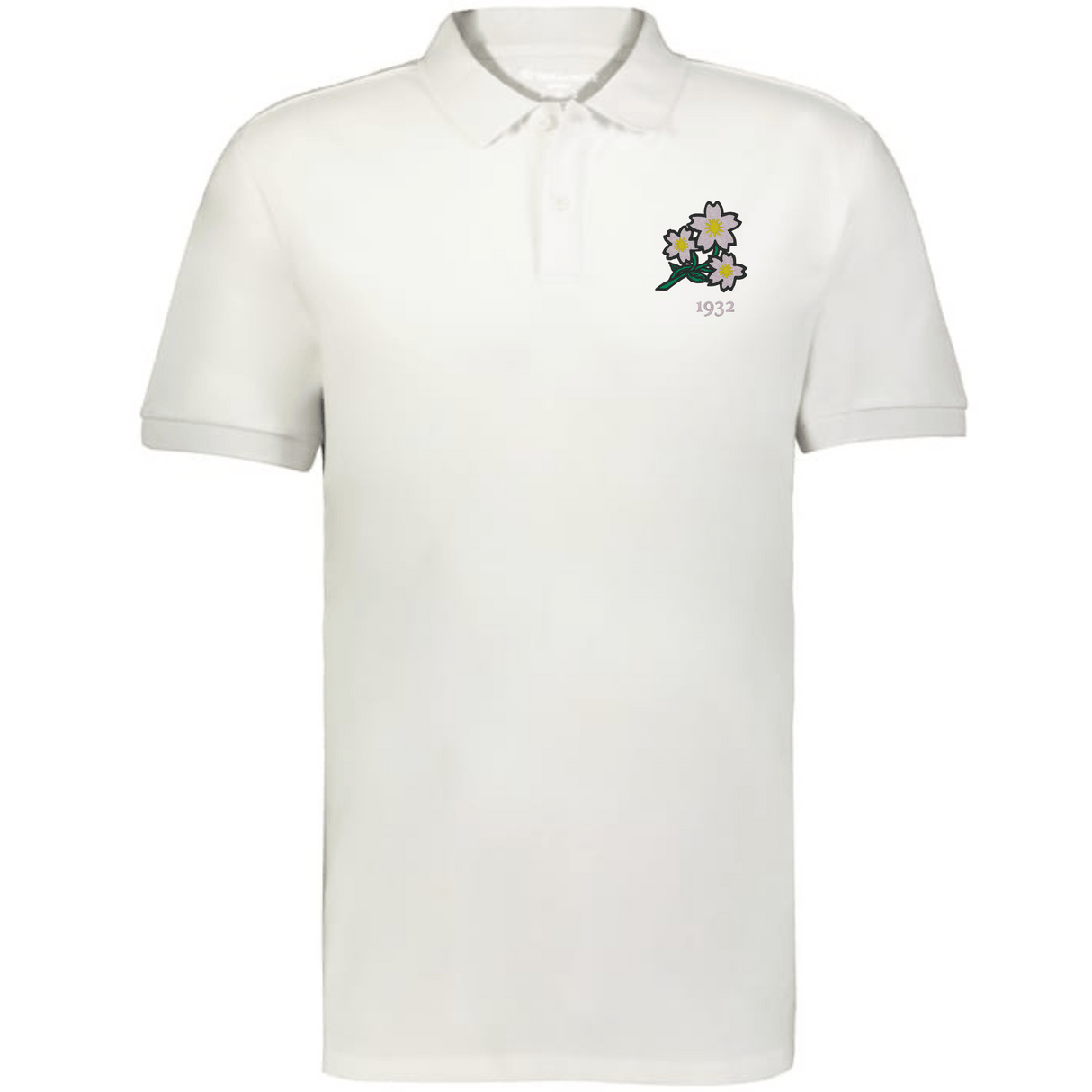 The EMB Augusta Nations of Rugby Japan Vintage Polo is a white cotton rugby polo with a small embroidered purple and yellow floral design and "1932" on the left chest, offering vintage rugby shirt appeal.