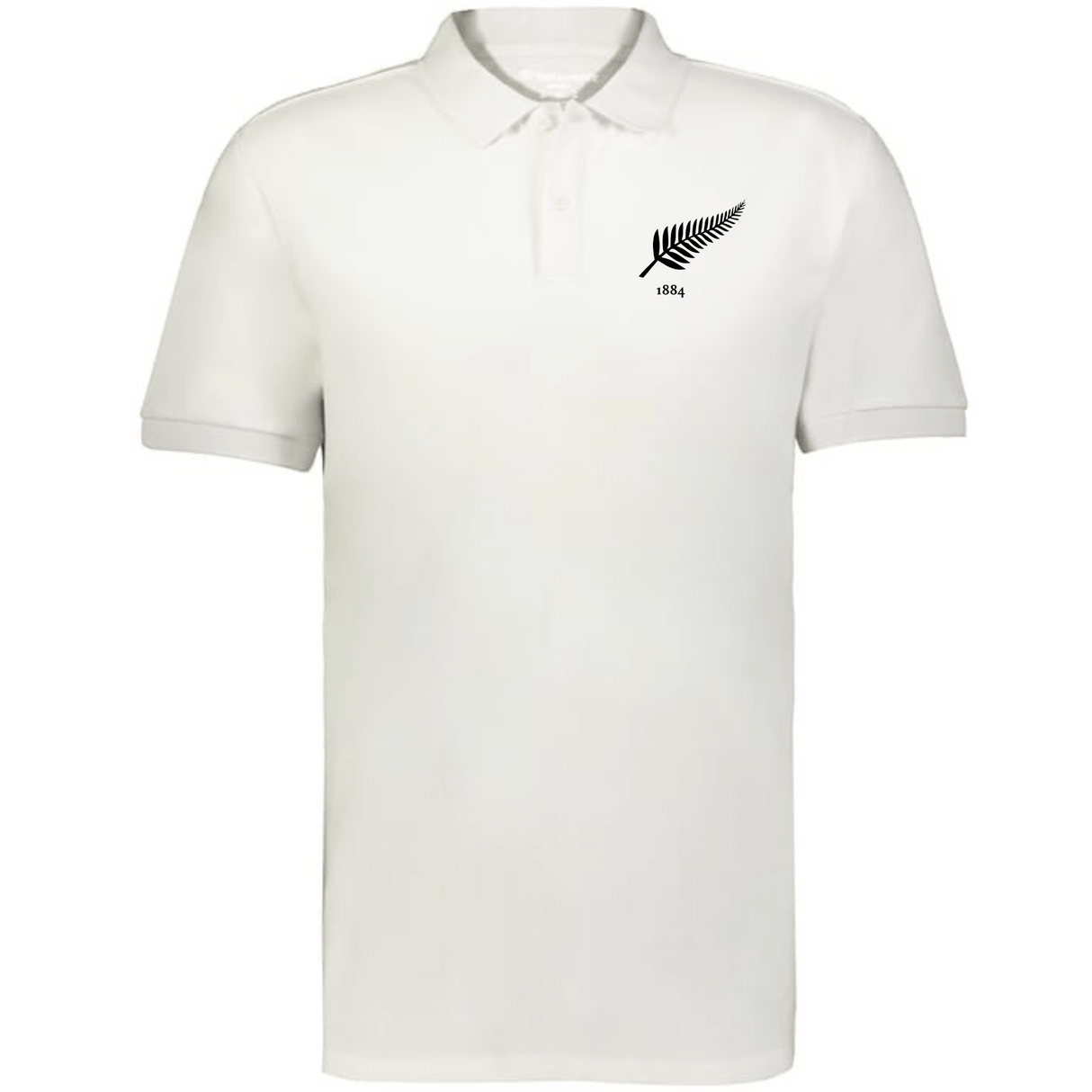 The EMB Augusta Nations of Rugby New Zealand Vintage Polo is a white cotton polo with a black fern leaf and "1884" on the left chest, inspired by classic rugby shirts.