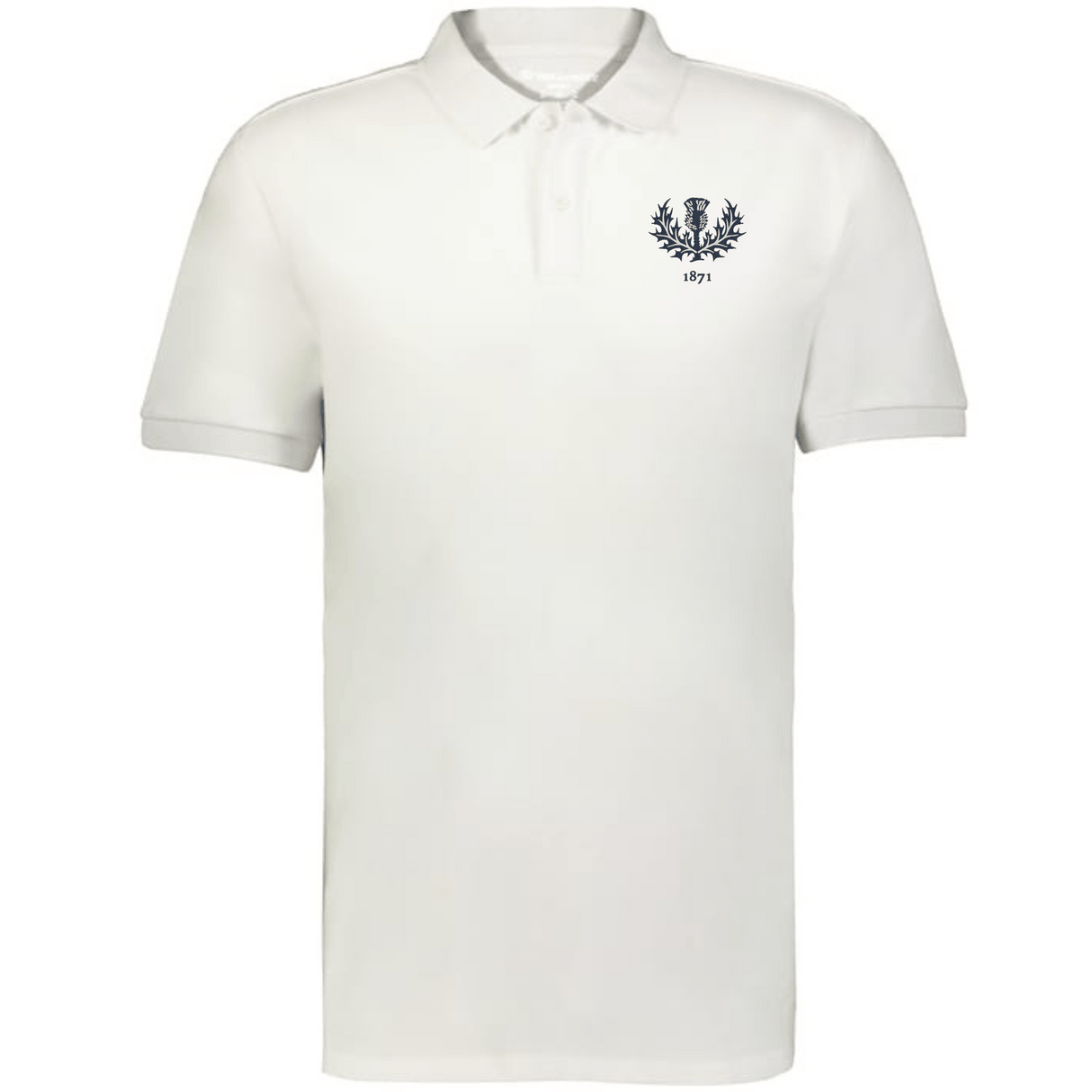 The EMB Augusta Nations of Rugby Scotland Vintage Polo is a white shirt featuring a small blue and black crest with "1871" embroidered on the left chest, honoring Scotland’s rugby heritage.