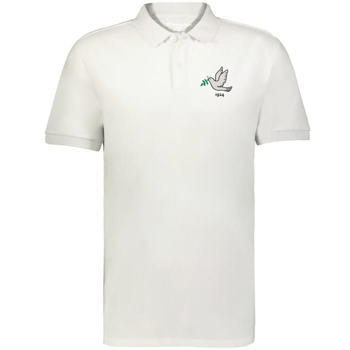 The EMB Augusta Nations of Rugby Tonga Vintage Polo is a white shirt featuring a small embroidered dove with an olive branch and "1994" on the left chest, inspired by classic rugby style for timeless appeal.