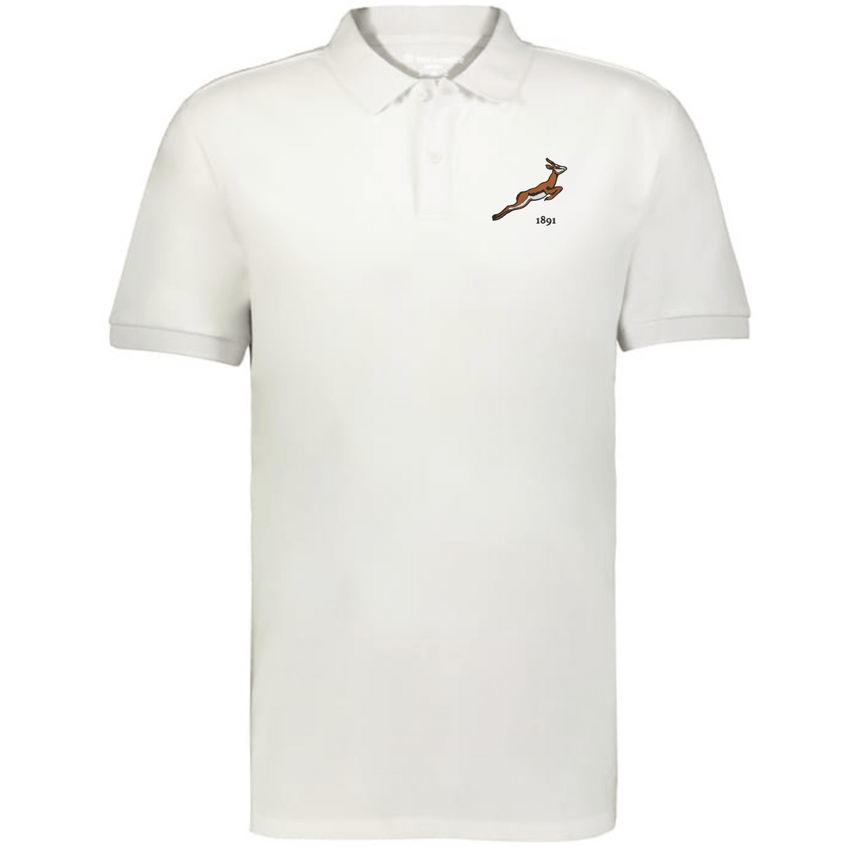 The Nations of Rugby South Africa Vintage Polo by EMB Augusta is a classic white cotton pique polo with a small brown leaping antelope logo and “ibex” text on the left chest, inspired by vintage rugby shirt styles.
