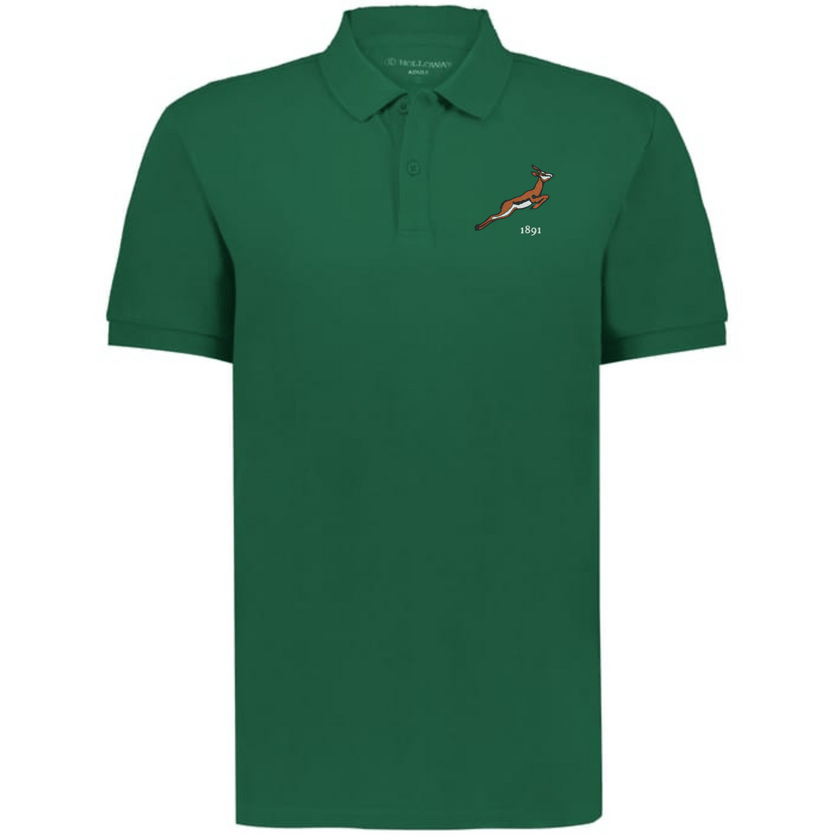 The EMB Augusta Nations of Rugby South Africa Vintage Polo is a green cotton pique polo with a small springbok and "1891" embroidered on the left chest, inspired by classic South African rugby style.