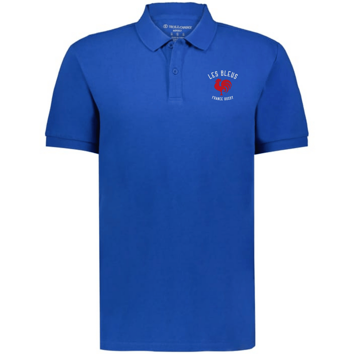 The EMB Augusta Nations of Rugby Les Bleus Vintage Polo is a blue short-sleeve shirt with "LES BLEUS FRANCE RUGBY" and a red rooster logo on the left chest—ideal for fans wanting a classic rugby style.